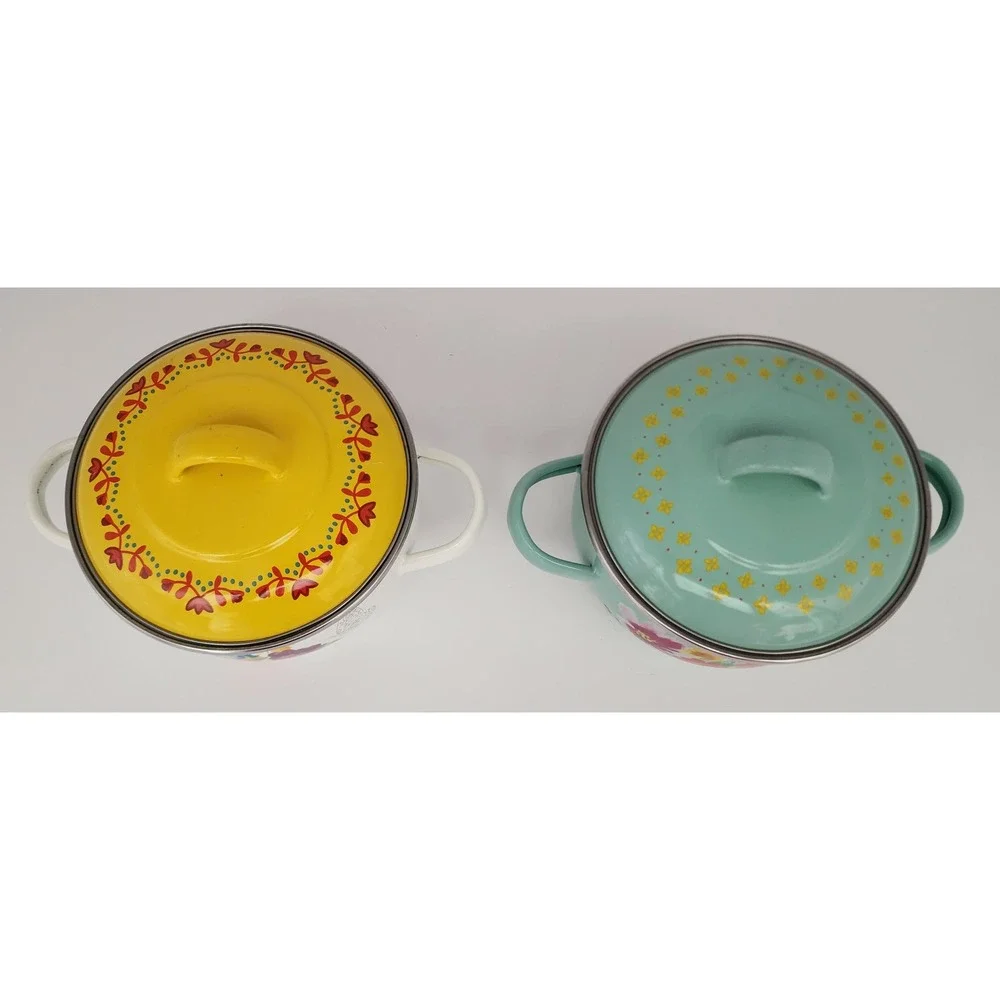 The Pioneer Woman Mini Dutch Oven Set 2pc Floral Enamel Steel Teal White 1 Qt